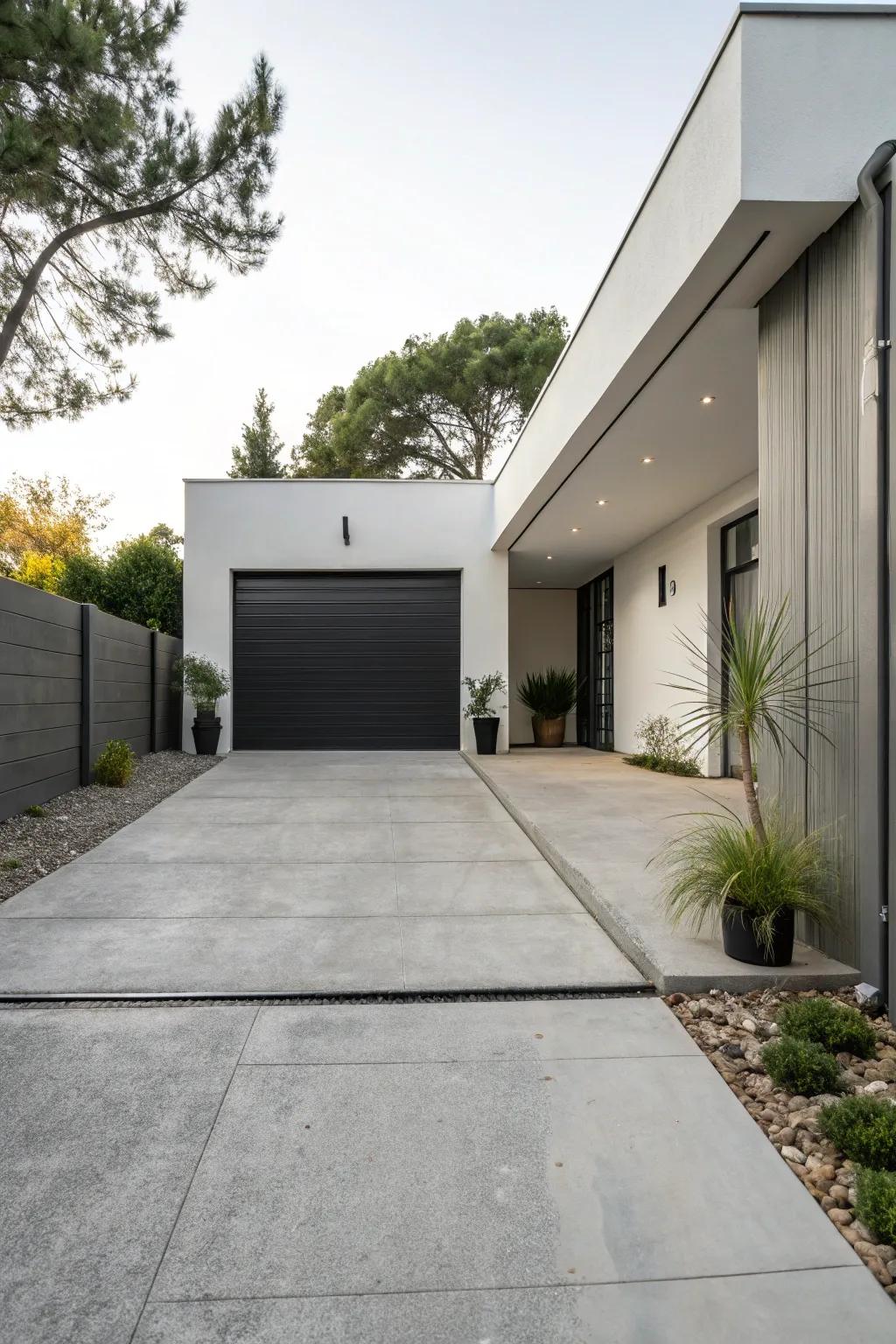 A contemporary concrete driveway radiating refinement and simplicity.