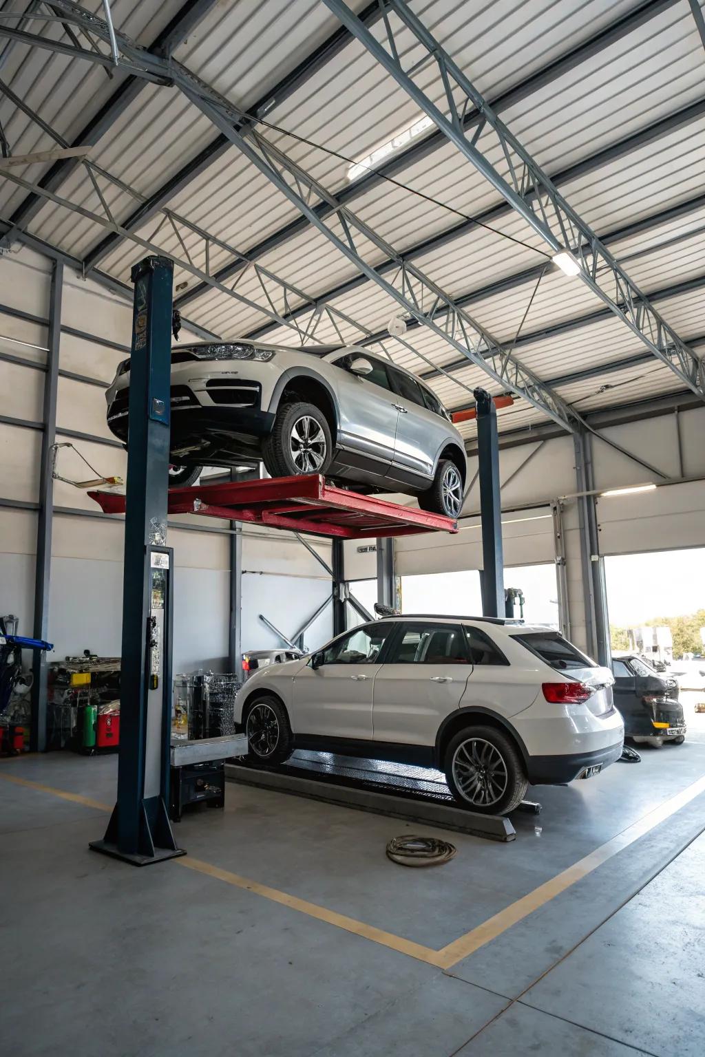 A clever utilization of vertical space, featuring a state-of-the-art car lift setup.