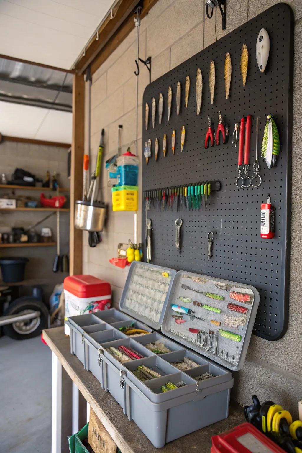 A display board wall provides a straightforward yet highly effective means for showing off and arranging fishing equipment.