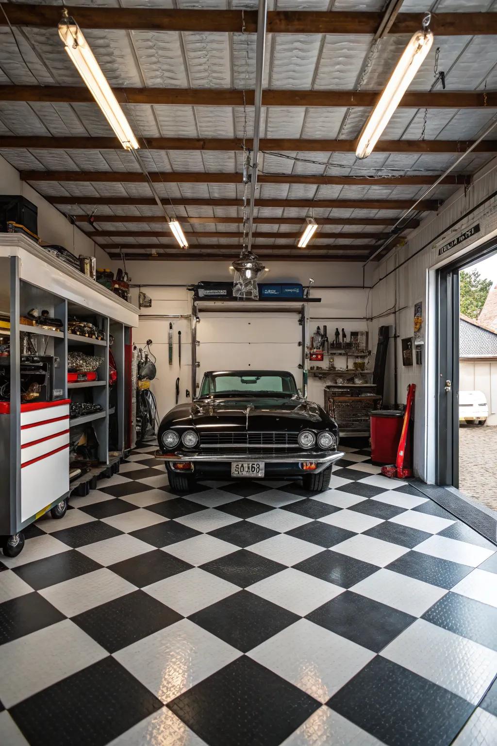 Improve your garage's appearance with a traditional checkerboard tile arrangement.