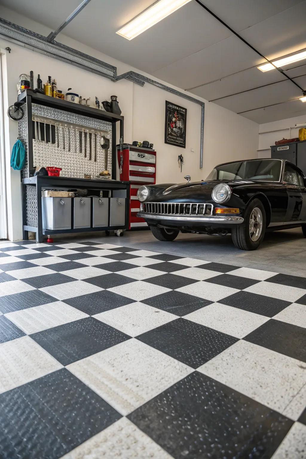 A classic black and white checkered floor imparts enduring sophistication to your garage.
