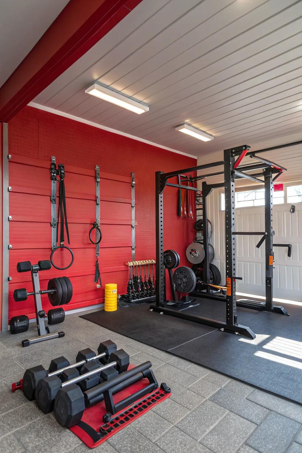 Bright red accent walls are a great way to pump up the energy in your workout.