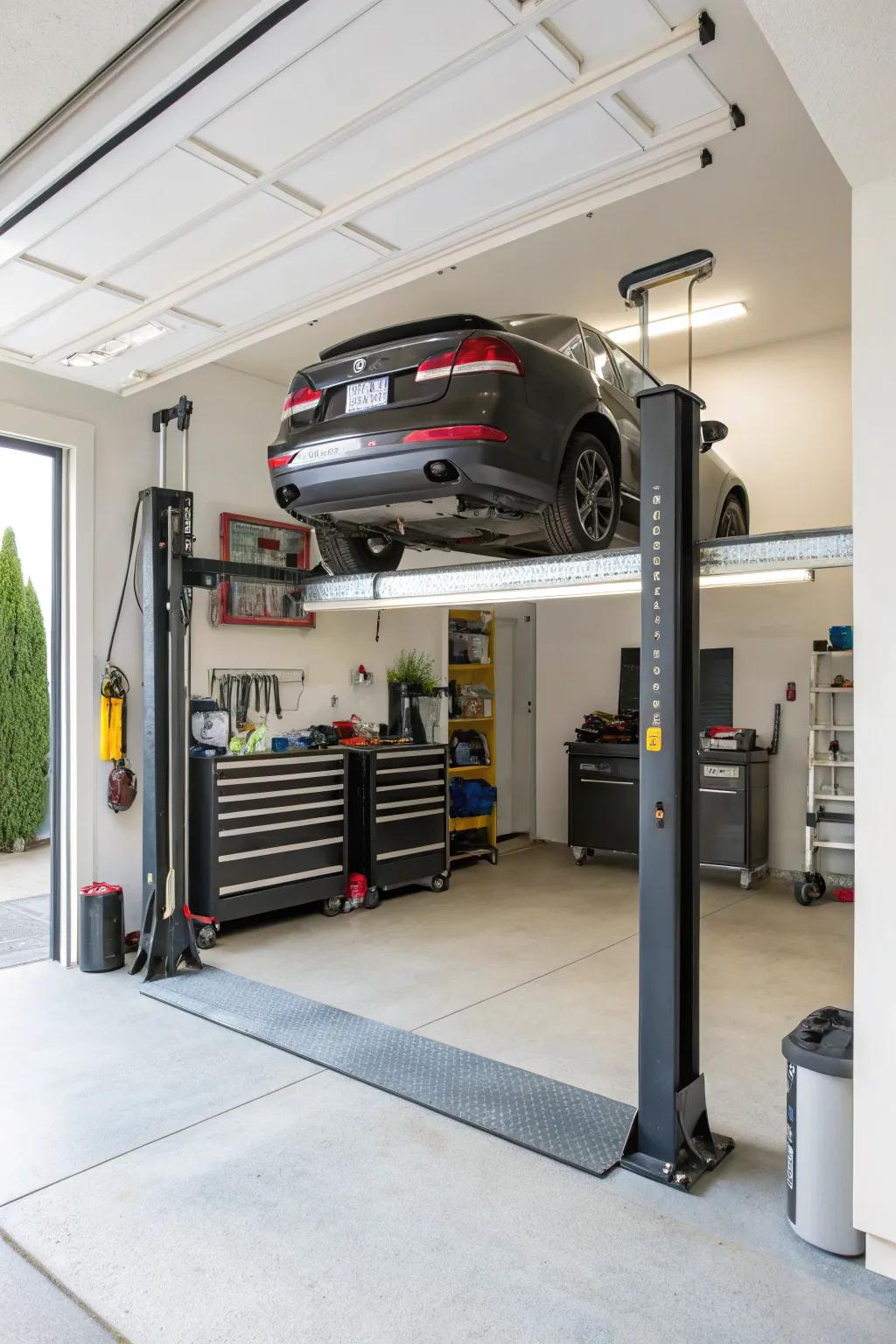For car maintenance, a two-post elevation system is a great way to give easy access to the car.