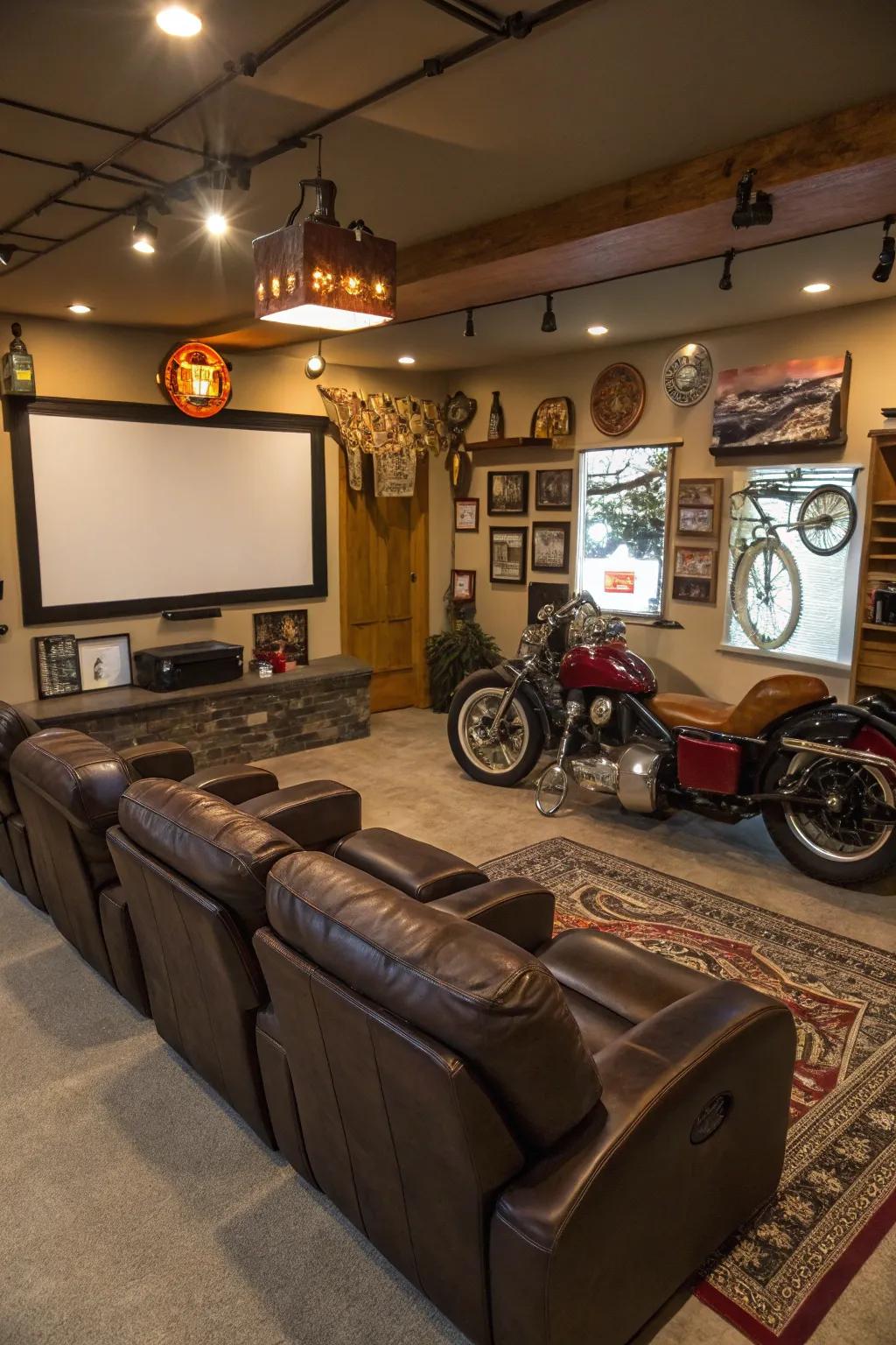 Traditional lounge arrangement inside a garage man cave, providing ultimate relaxation.
