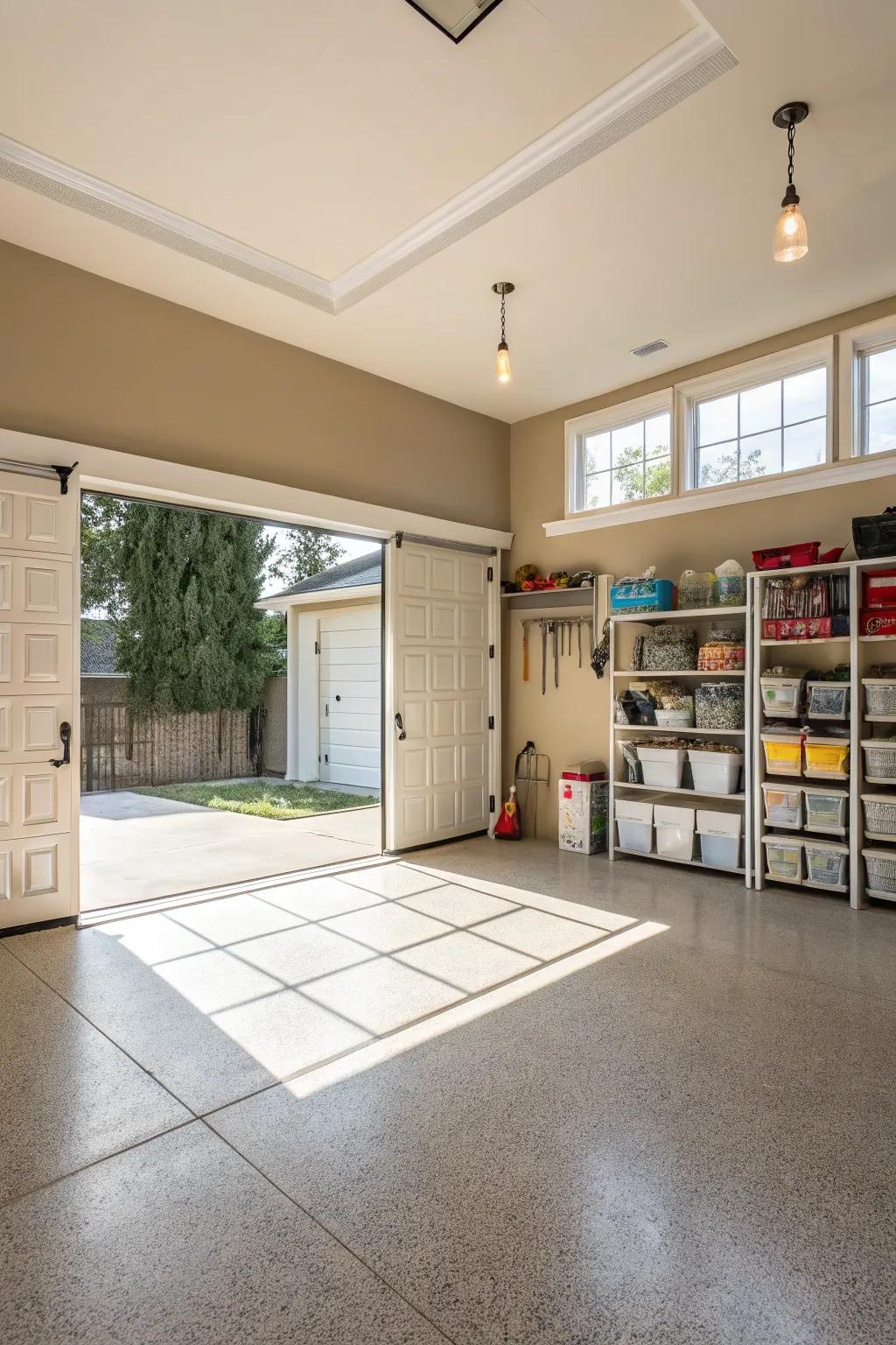 Neutral hues offer an ideal foundation for an airy and tidy garage.