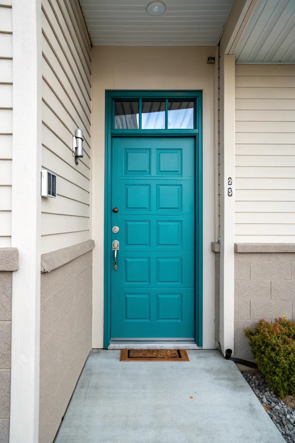 A lively blue-green door gives a burst of color to a garage area that is mostly neutral.