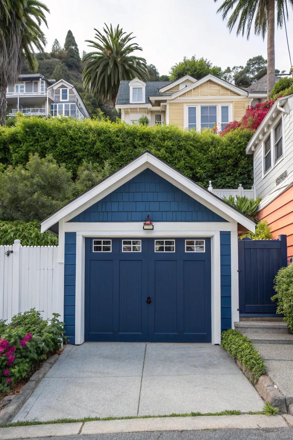 A garage door showcasing striking contrast in trim colors.