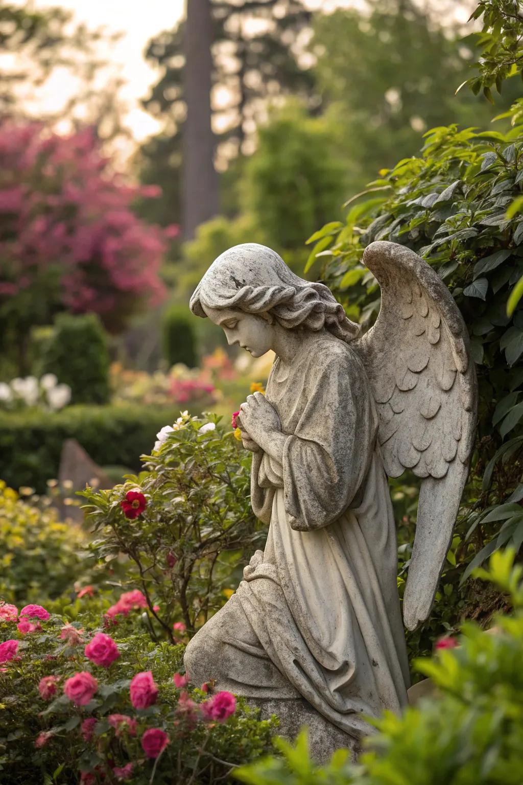 Ageless stone angel statue nestled within a vibrant garden.