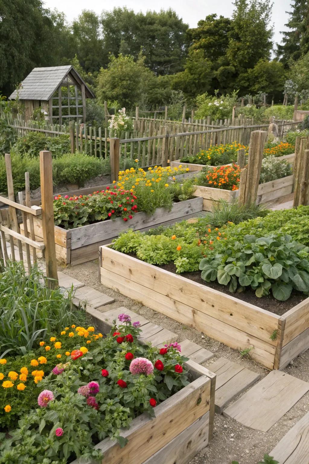 Raised garden beds that incorporate surrounds create a layered garden aesthetic.