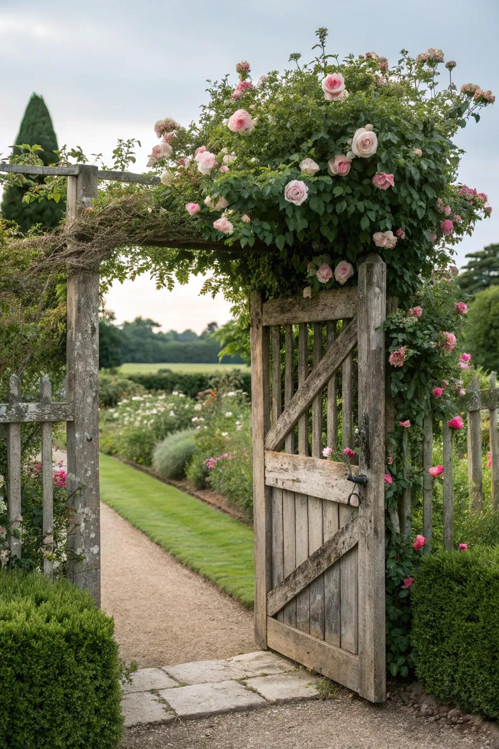 Country-style wooden door paired with climbing roses to fashion an inviting garden entrance.