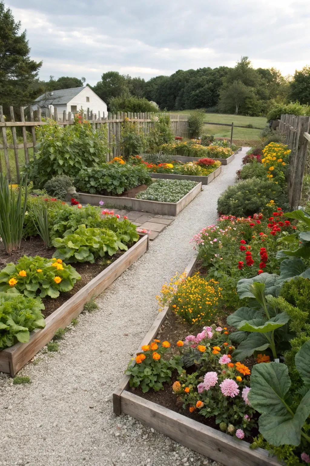 A potager garden showcasing a mix of lively vegetables and flowers.