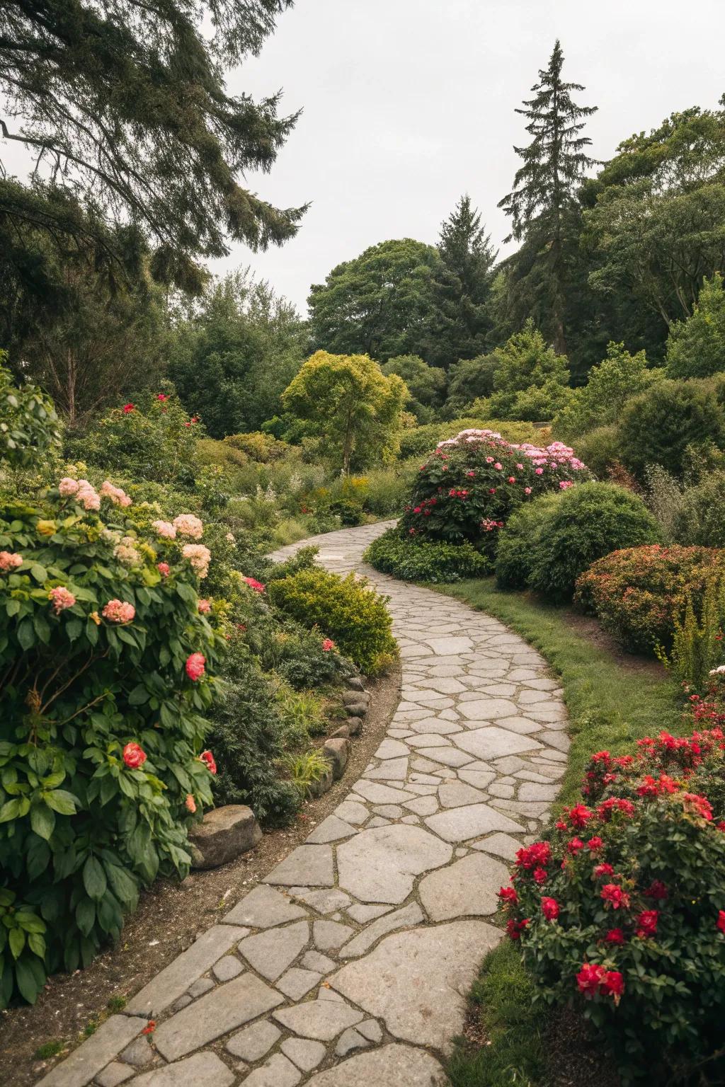 A charming stone pathway meandering through a lush garden.
