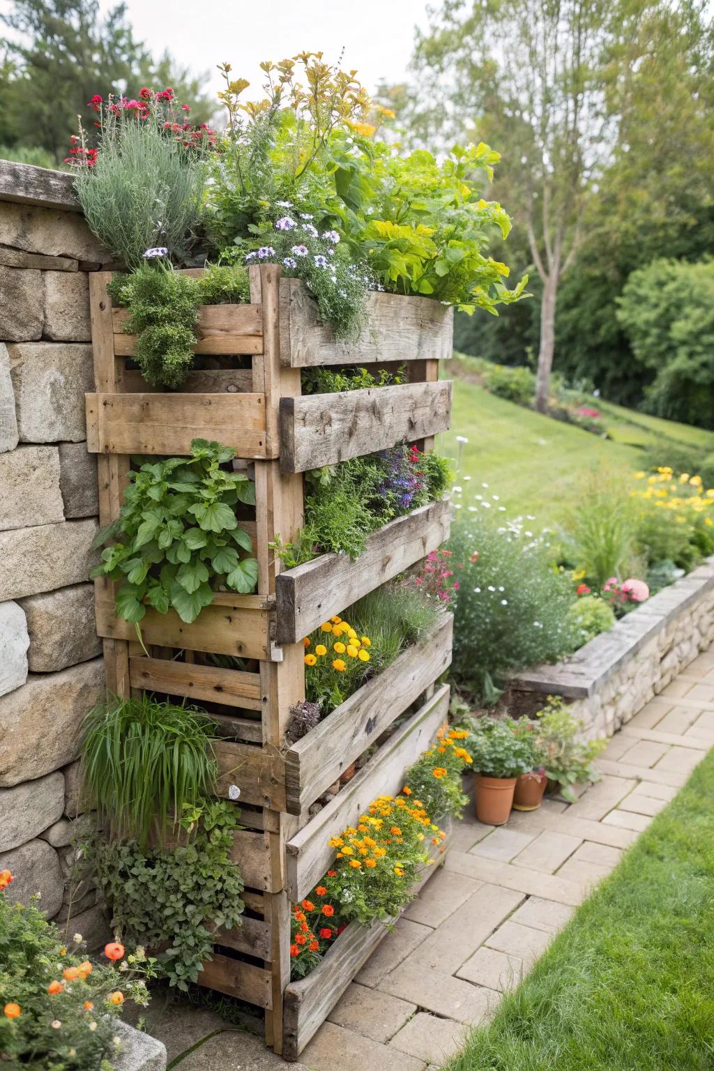 A unique vertical garden made of reused pallets.
