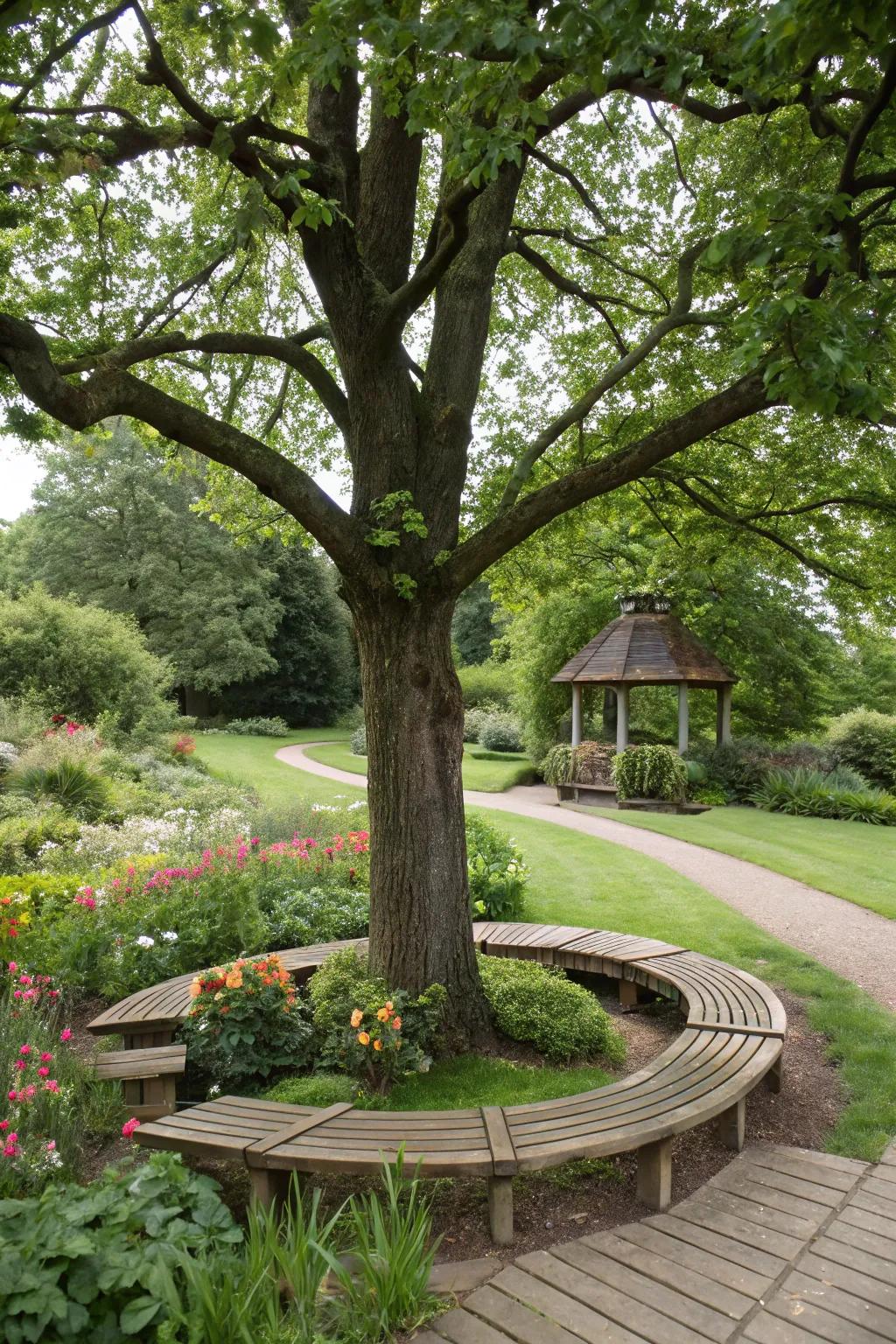 A circular bench wraps around a tree, creating the ideal space to chill.