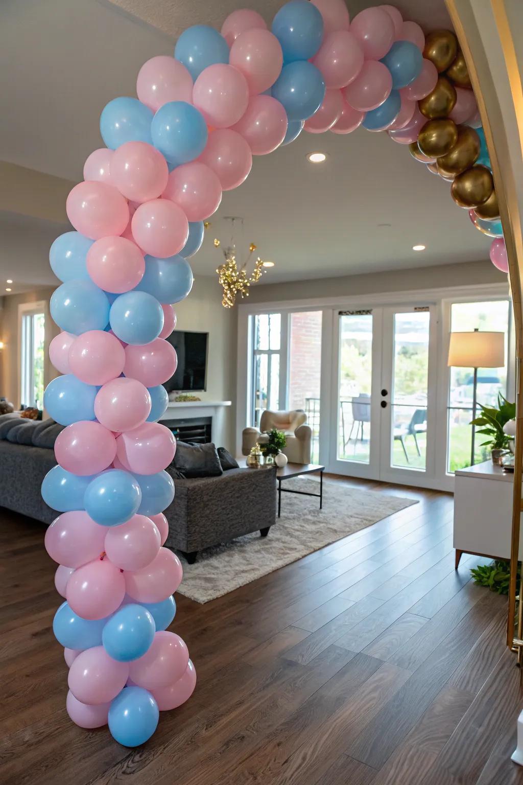 An eye-catching balloon arch brings a festive flair to any gender reveal celebration.