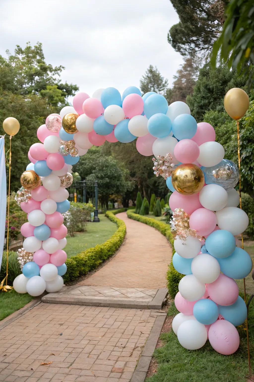 A lively balloon arch establishes the perfect atmosphere for a gender reveal festivity.