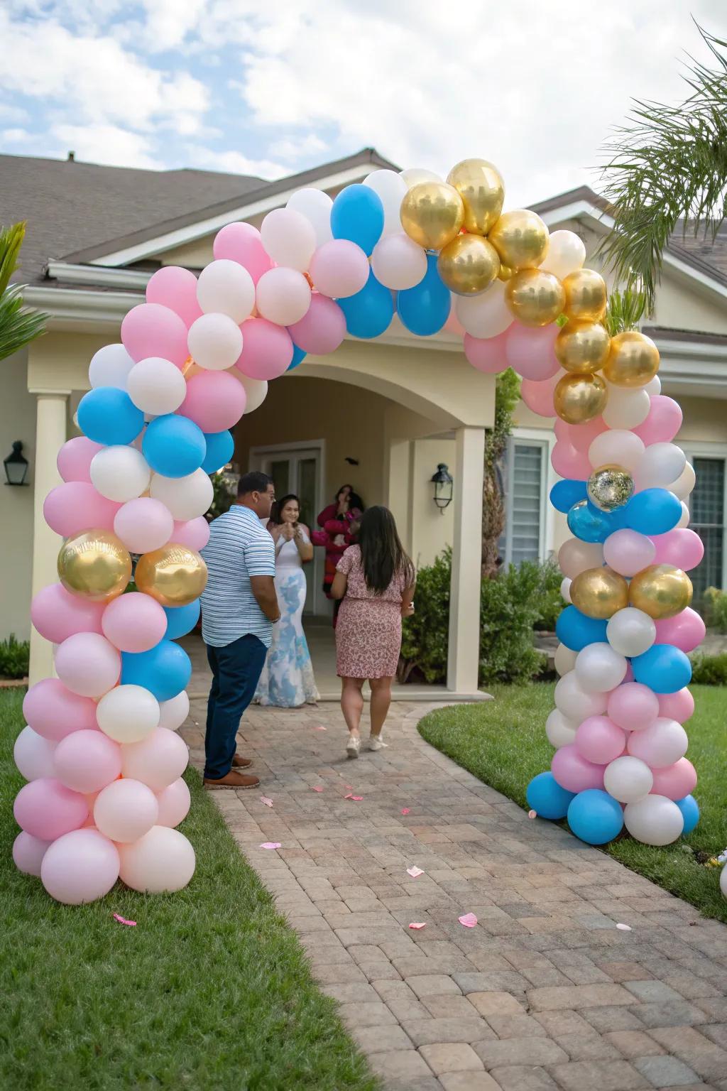 A cheerful balloon arch provides the ideal backdrop for a delightful gender reveal celebration.
