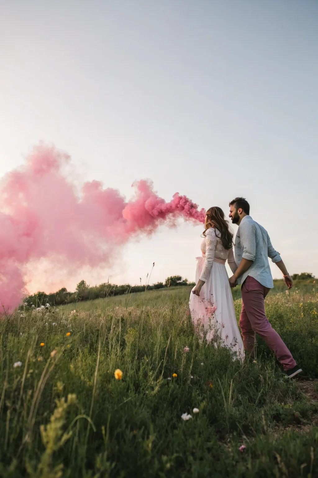 An awe-inspiring smoke grenade reveal against a stunning outdoor canvas.