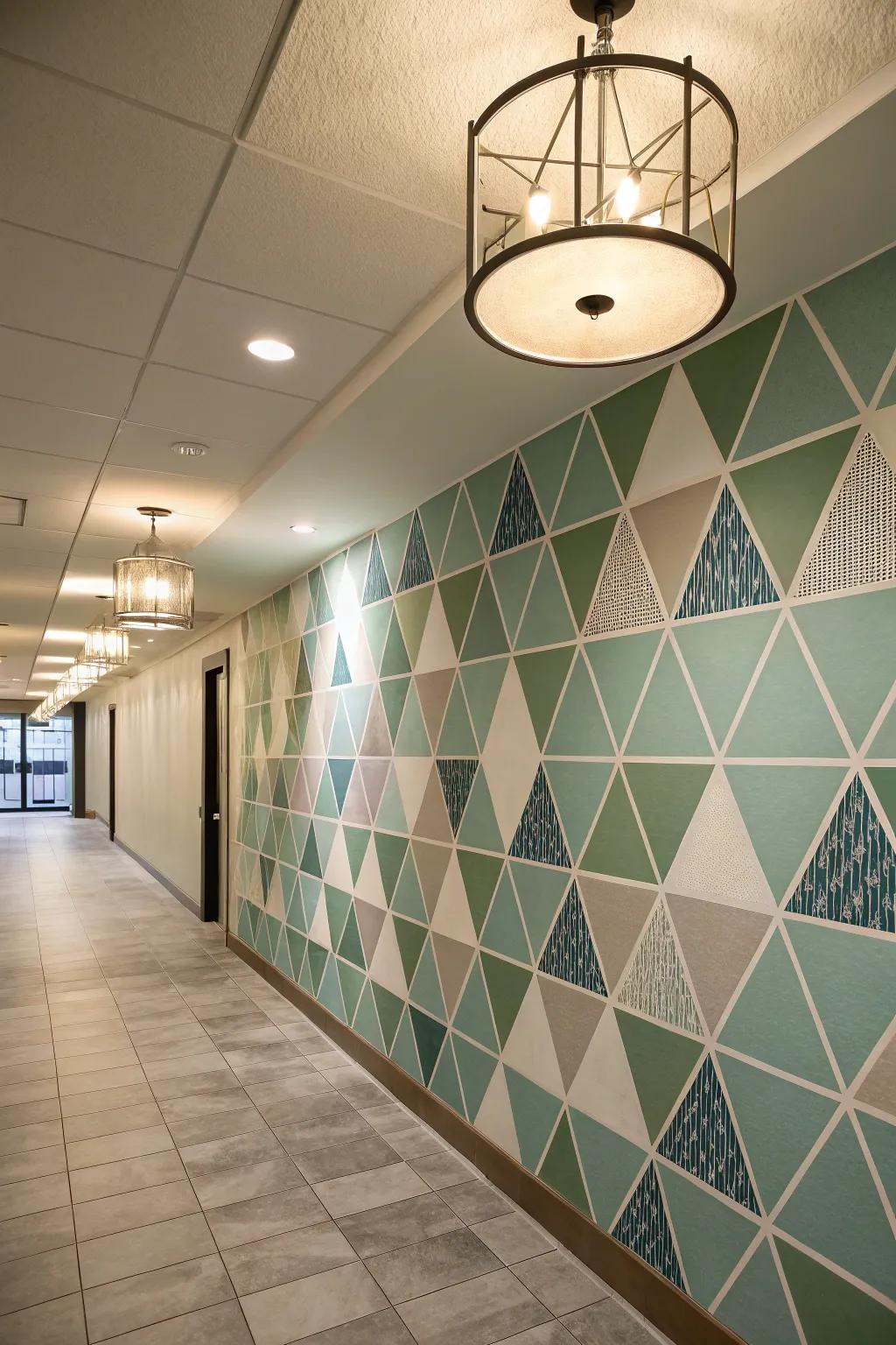 A hallway made over with a geometric wall featuring overlapping triangles.
