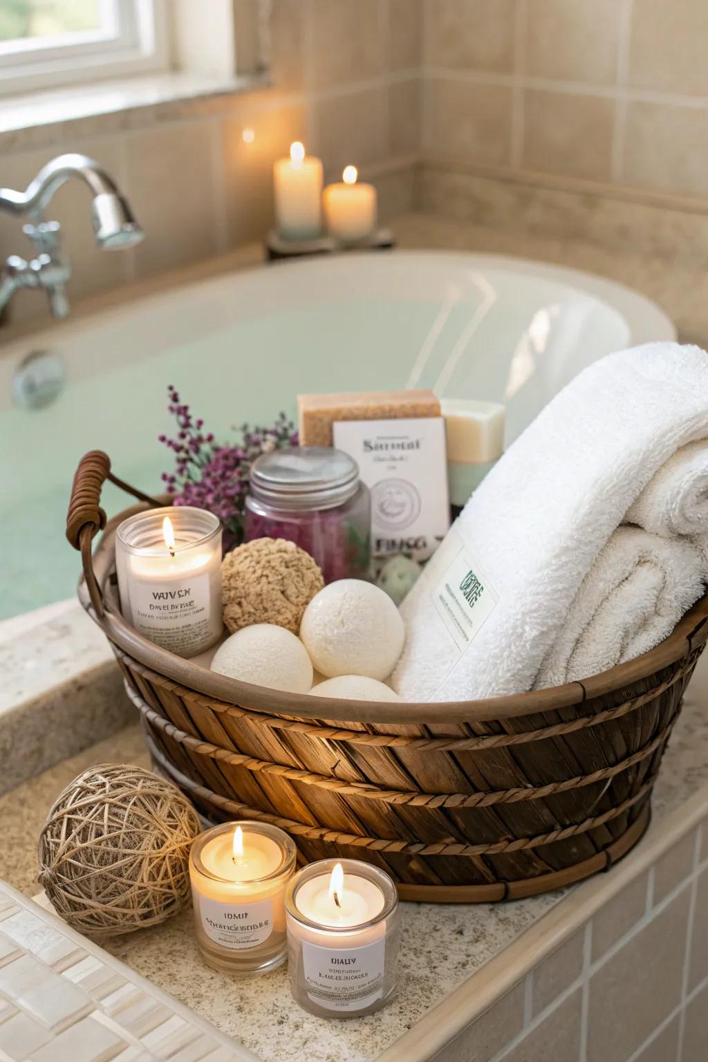 A spa retreat in a basket to help mom unwind and relax.