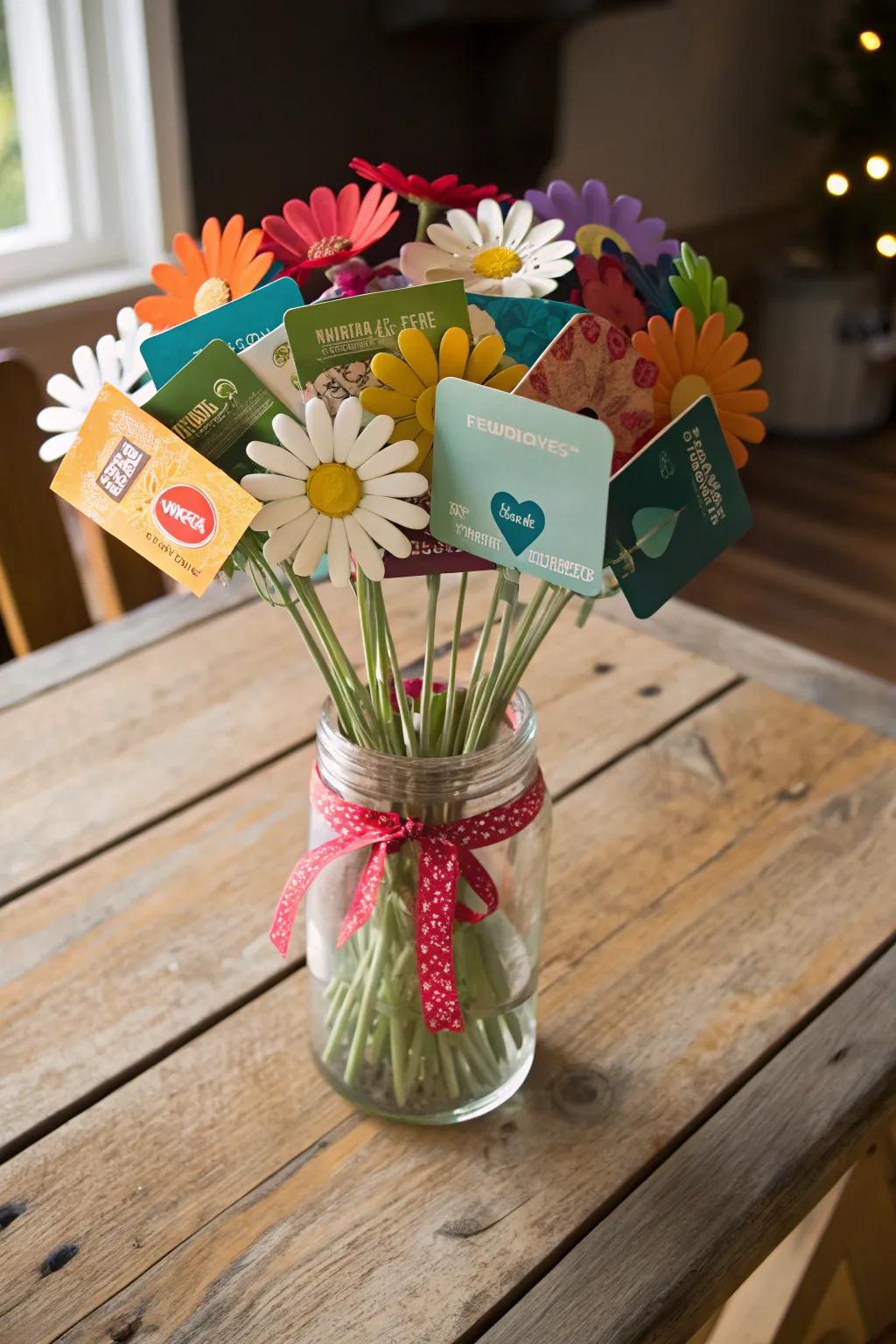 Gift cards burst into bloom when displayed in a floral arrangement.
