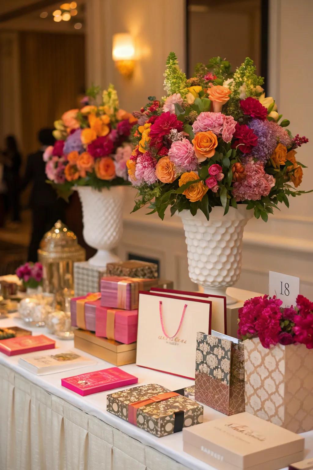 Floral displays impart allure and refinement to any gift presentation.