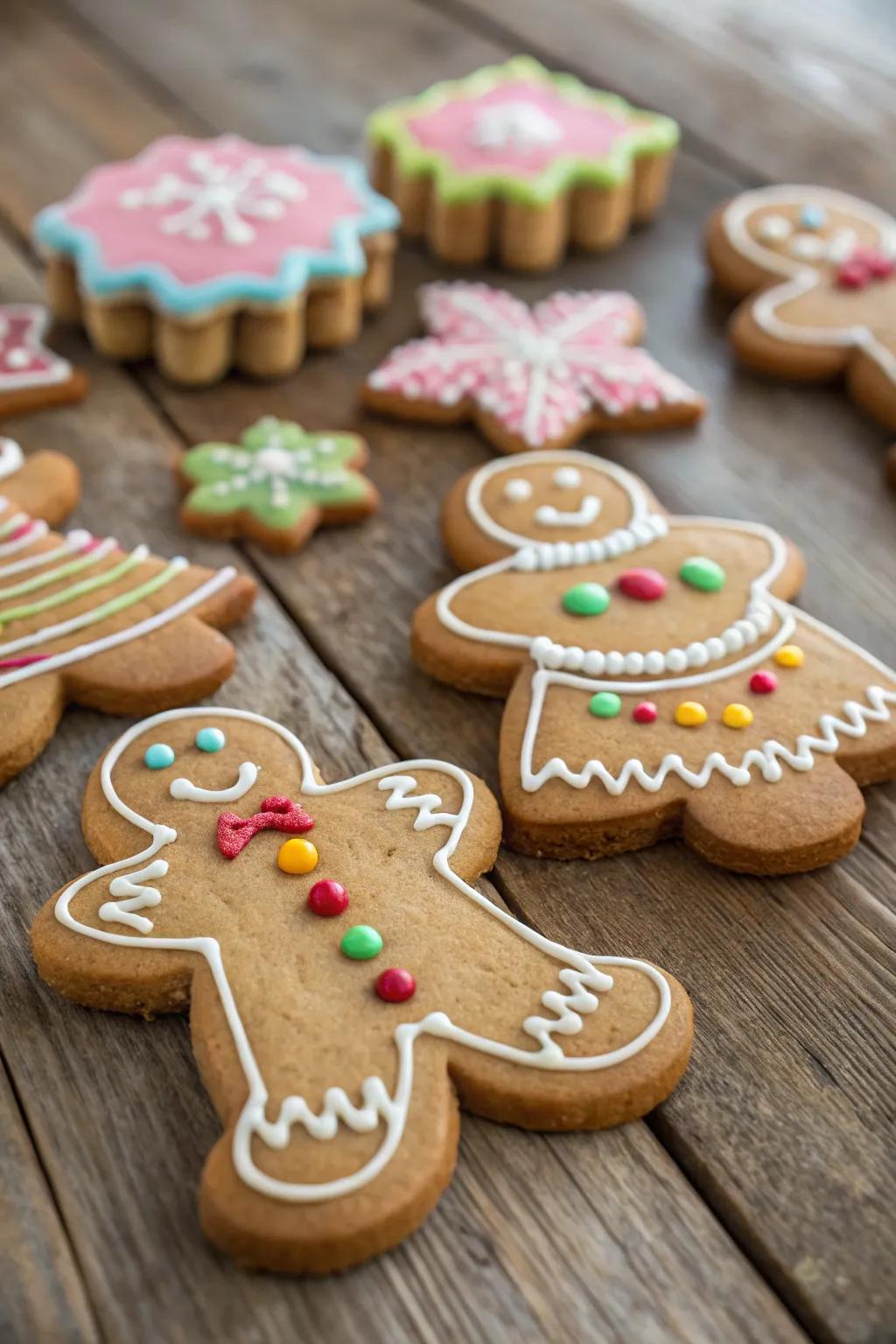 Classic gingerbread men and women showcasing individualized icing patterns.