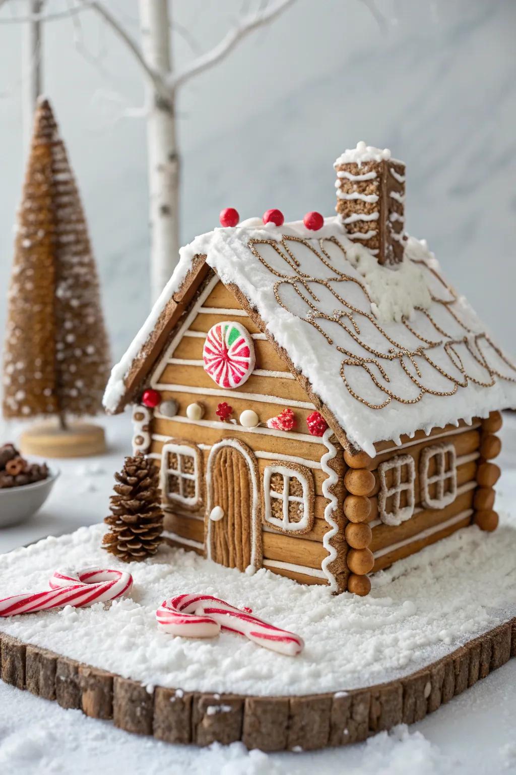 A gingerbread house using pretzel rods as logs to replicate a woodland lodge.