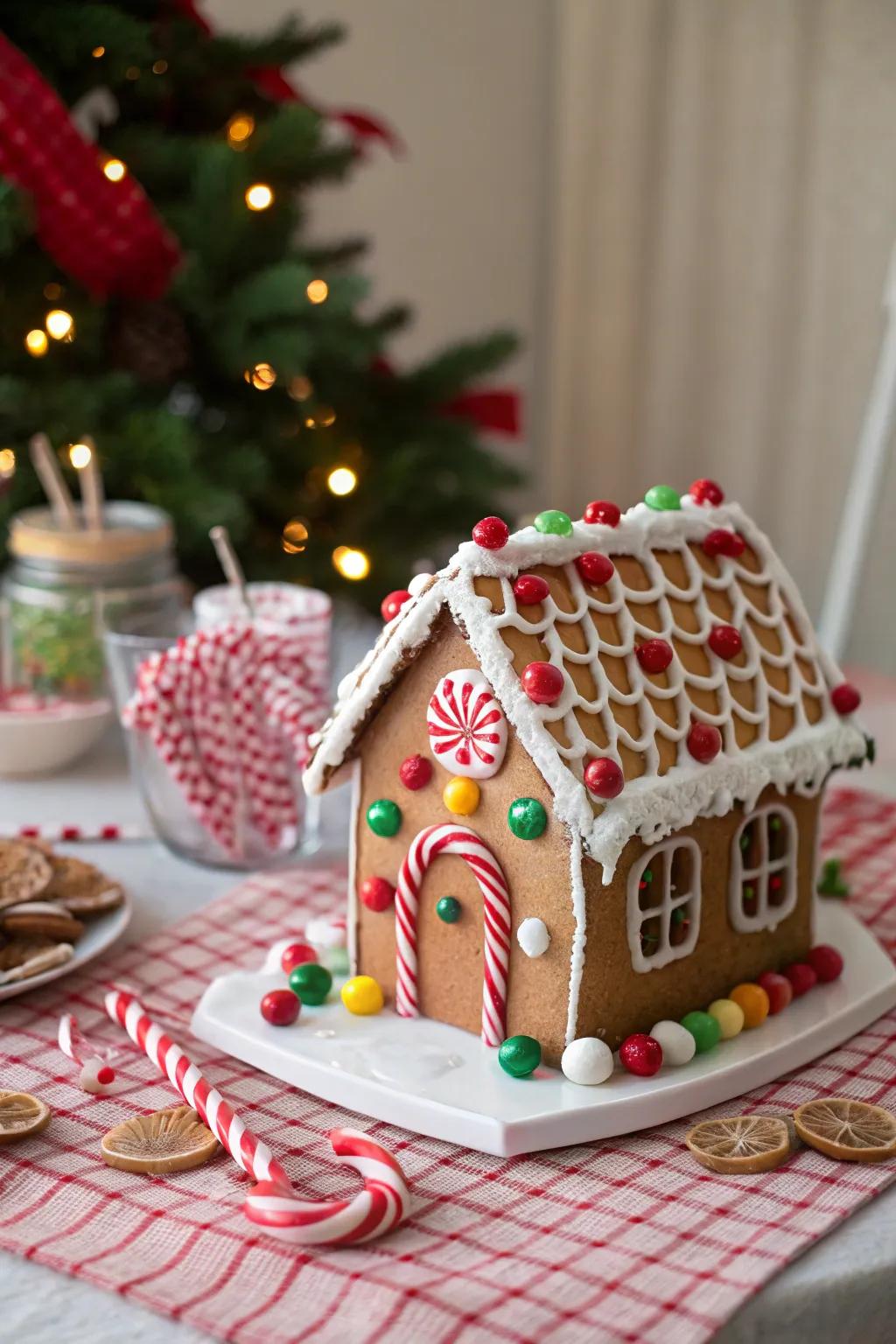 A gingerbread house rooftop lavishly adorned with peppermint sticks.