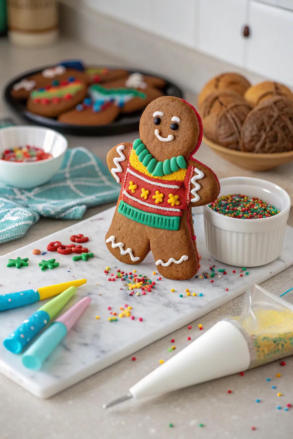 A gingerbread man sporting a cheerful frosted sweater, ideal for holiday joy.
