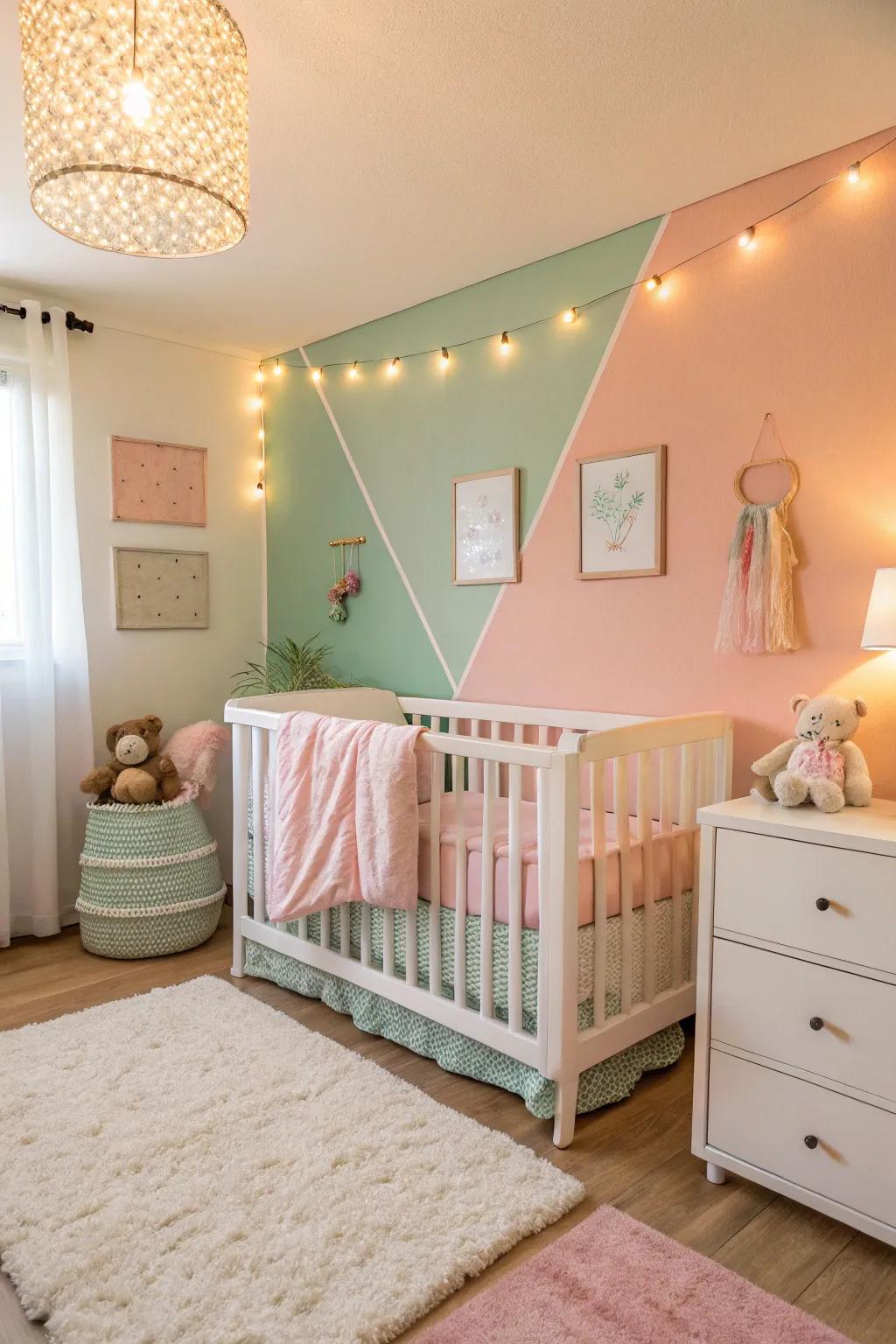 A nursery bathed in a soothing pastel palette.