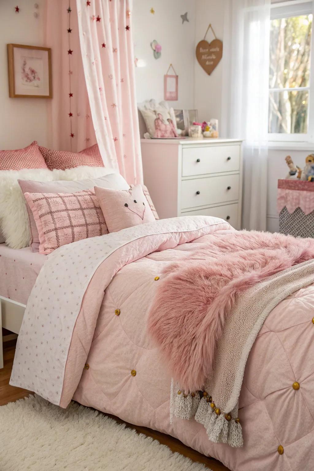 Layering rose-tinted bedding introduces comfort and dimension to the bedroom.