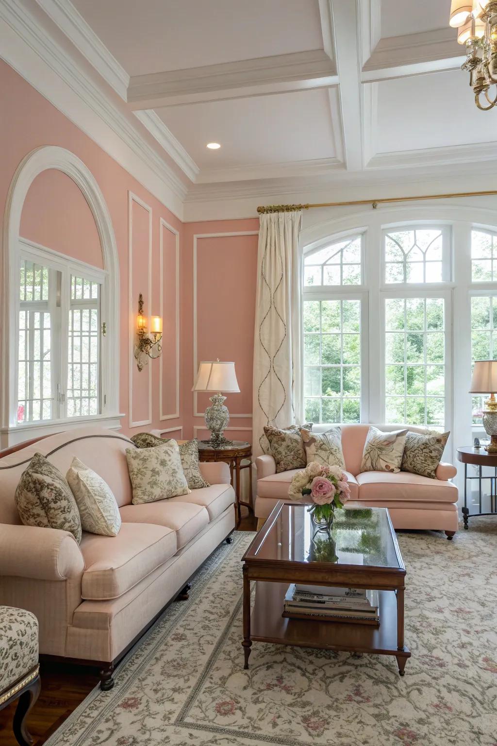 A serene living room showcasing soft pink walls and elegant decor.