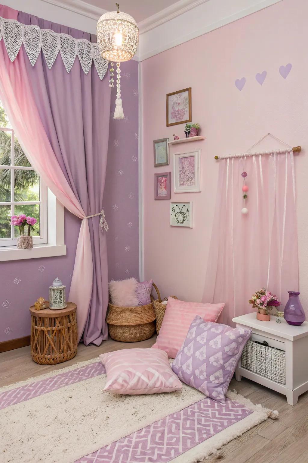 A soft pastel retreat with shades of pink and lavender, creating a peaceful mood.