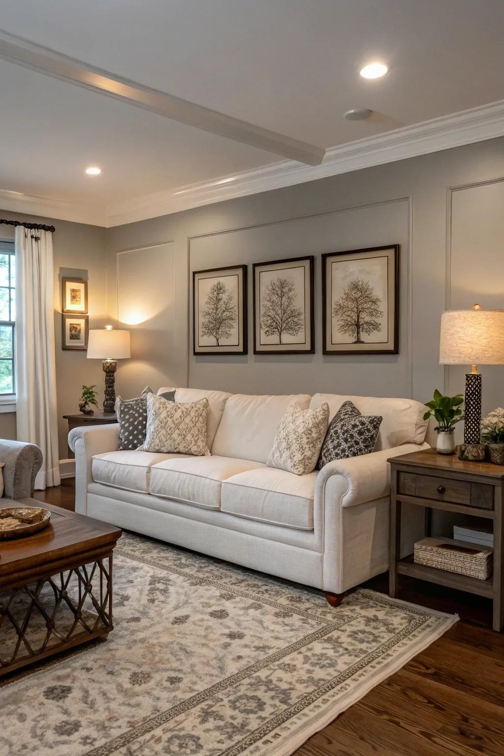 A tranquil living room featuring a neutral color palette, setting the stage for glamorous decor.