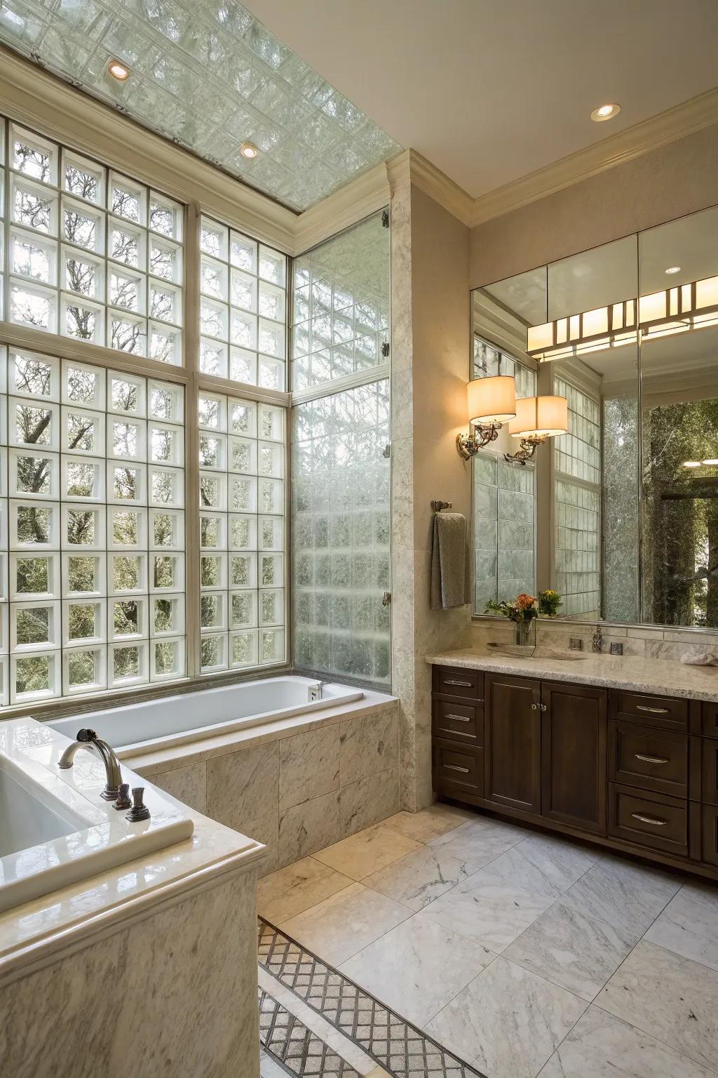 A fancy bathroom with a shower wall made of glass blocks, giving off a peaceful spa vibe.
