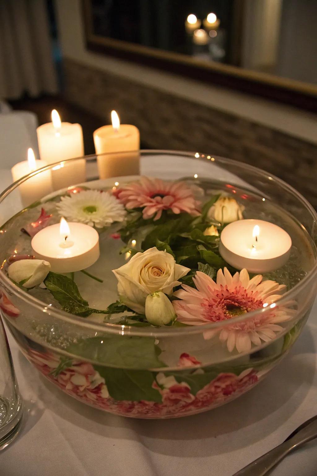A glass bowl with floating lights and blooms forms a sentimental setting.