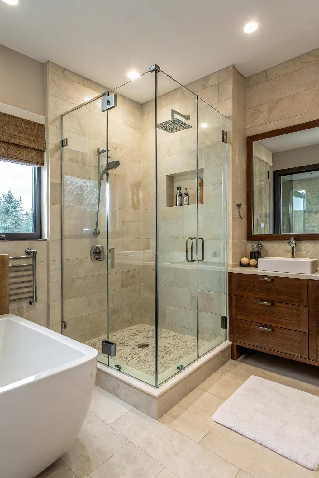 Frameless glass showers give any bathroom a polished, spacious atmosphere.
