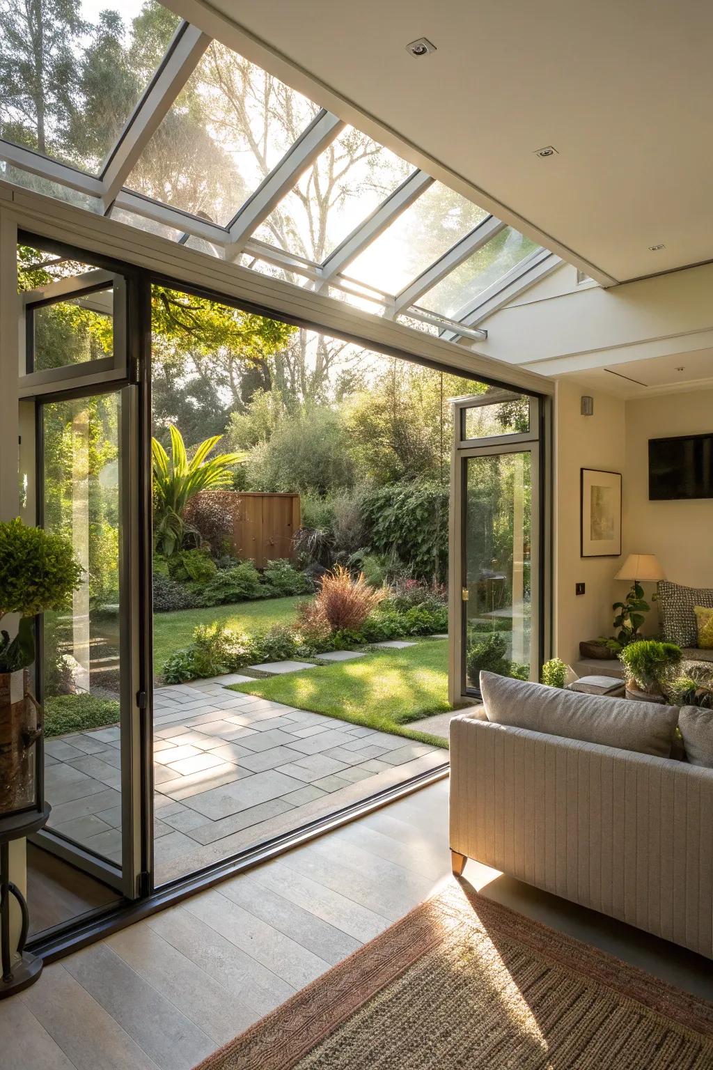 An open glass garage door creates a fluid transition between indoor comfort and outdoor beauty.