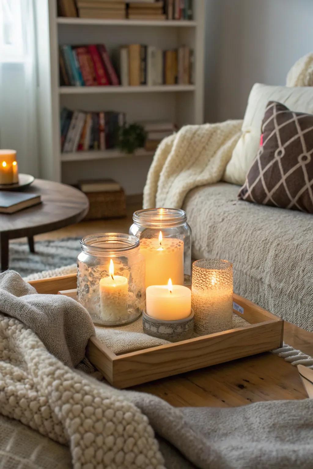 Clear containers brimming with shimmering lights craft an affectionate ambiance.
