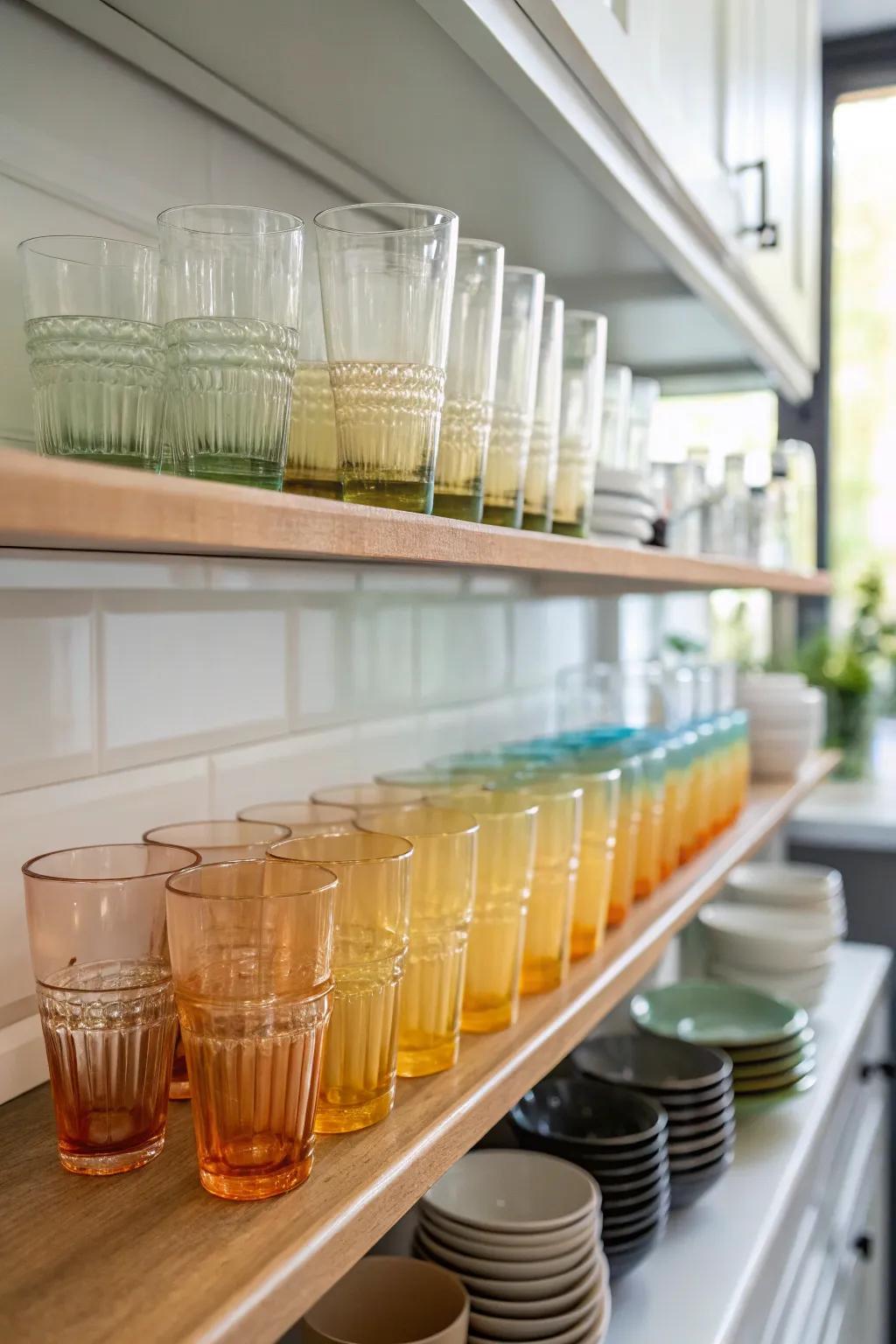 An eye-catching hue spectrum featuring glassware arranged on a kitchen shelf.