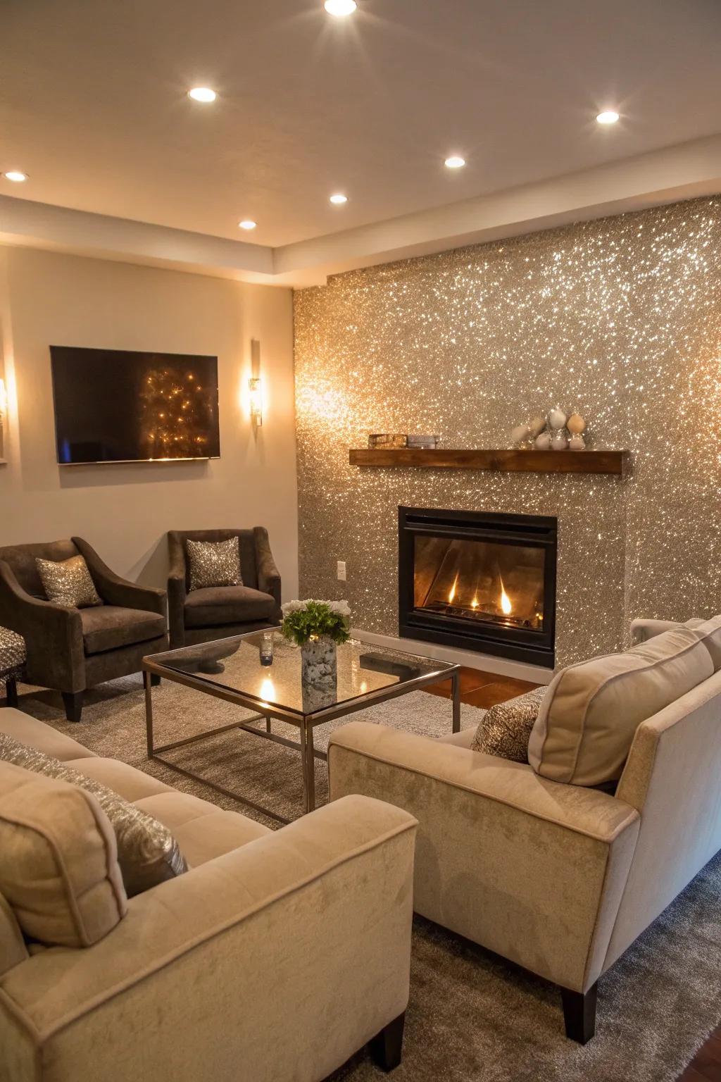 A shimmer accent wall heightens the charm of a living room.