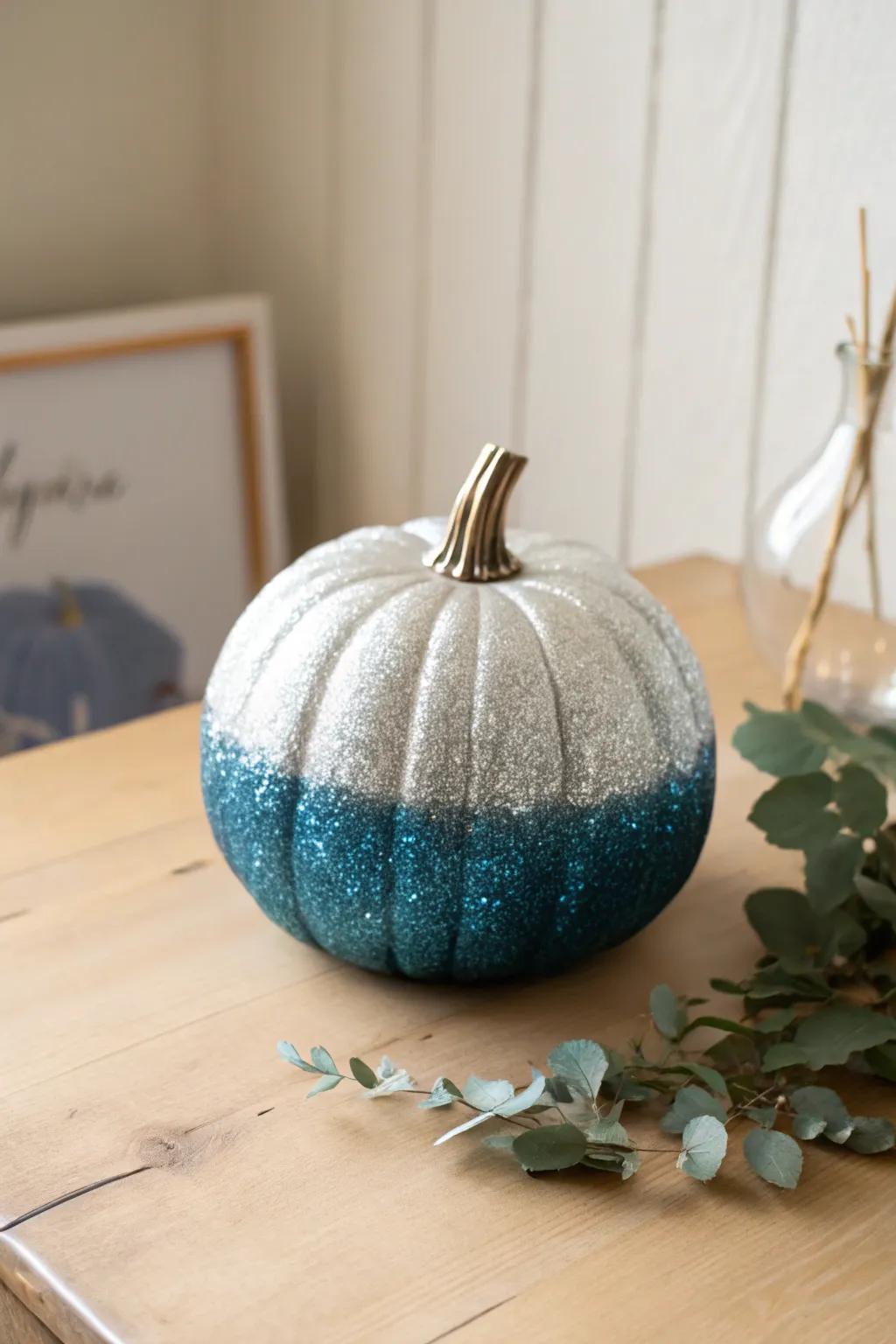 Transform your space with a stunning Glitter Ombre Pumpkin, where azure meets silver in perfect harmony.