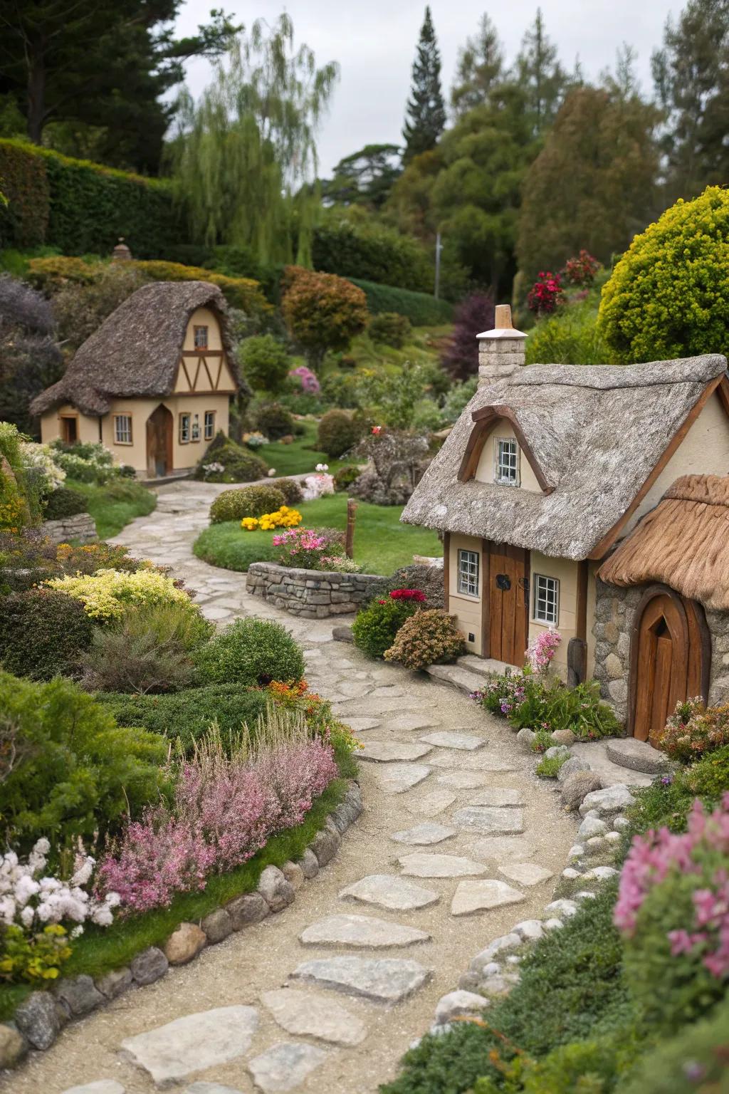 A delightful diminutive hamlet is nestled amongst the lively blooms.