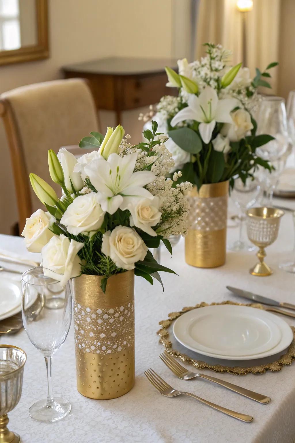 Timeless elegance with golden vases and white florals.