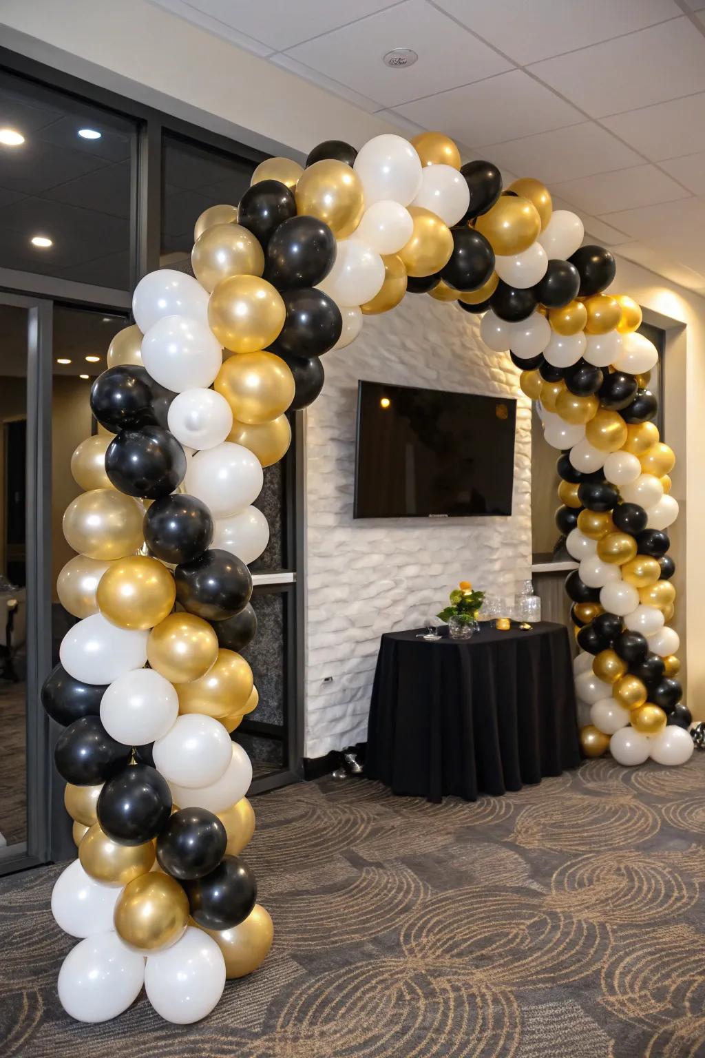 A captivating balloon arch establishes a tone of glamorous festivity.