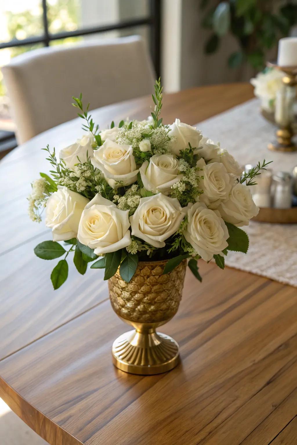 A timeless gold pitcher enhanced by gentle cream roses.