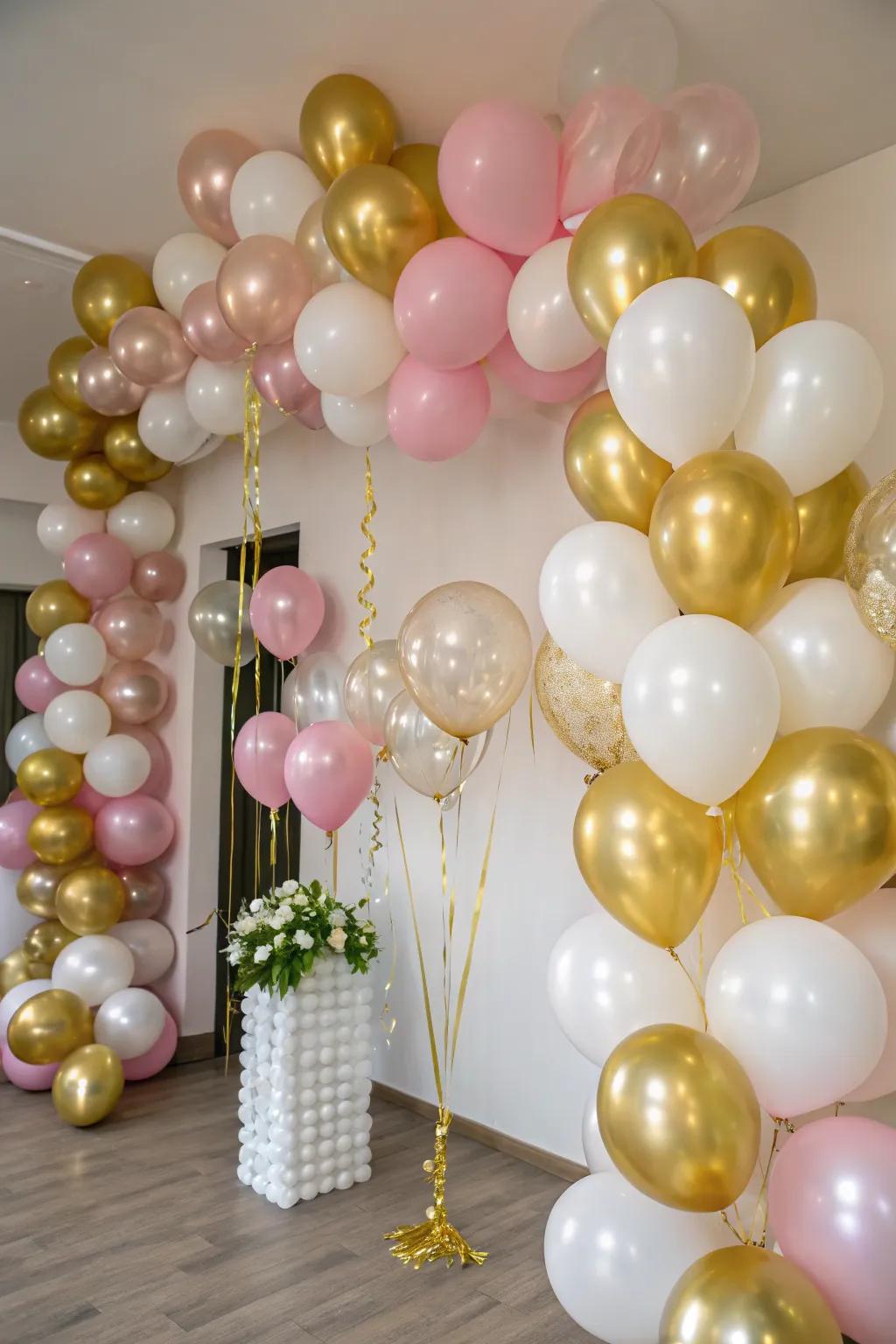 A festive space brightened with gold and complementary balloons, setting a celebratory tone.