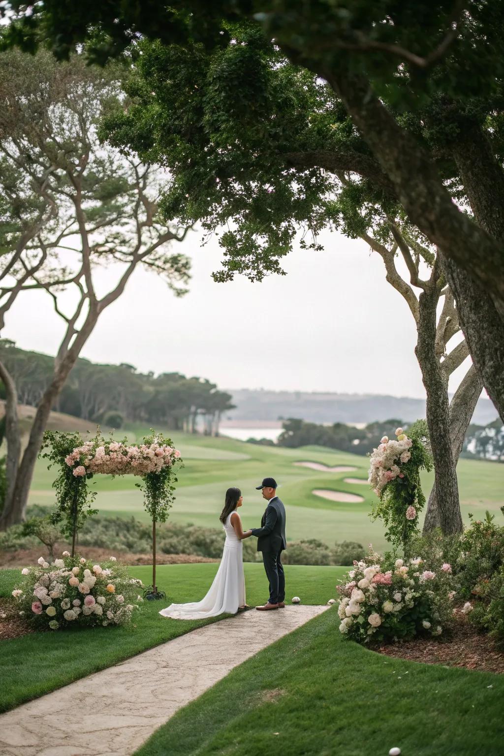 A loving couple exchanging vows on a stunning golf course, a perfect blend of nature and elegance.