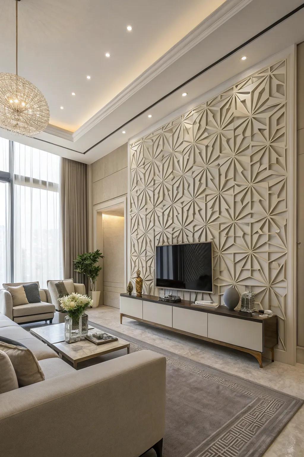 A modern living room is showcased, complete with geometric wall decor.